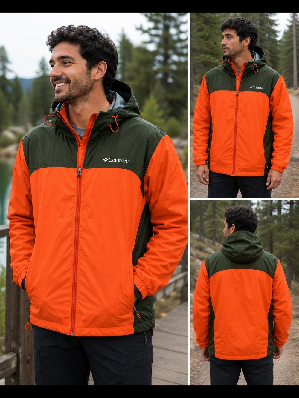 Columbia Orange and Dark Green Hooded Rain Jacket
